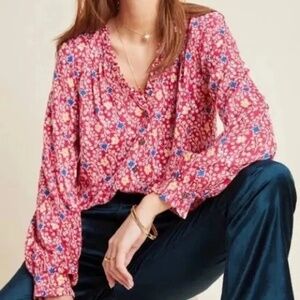 Anthropologie Maeve Marisol Top 14 Pink Printed Blouse Boho Preppy Floral Ruffle
